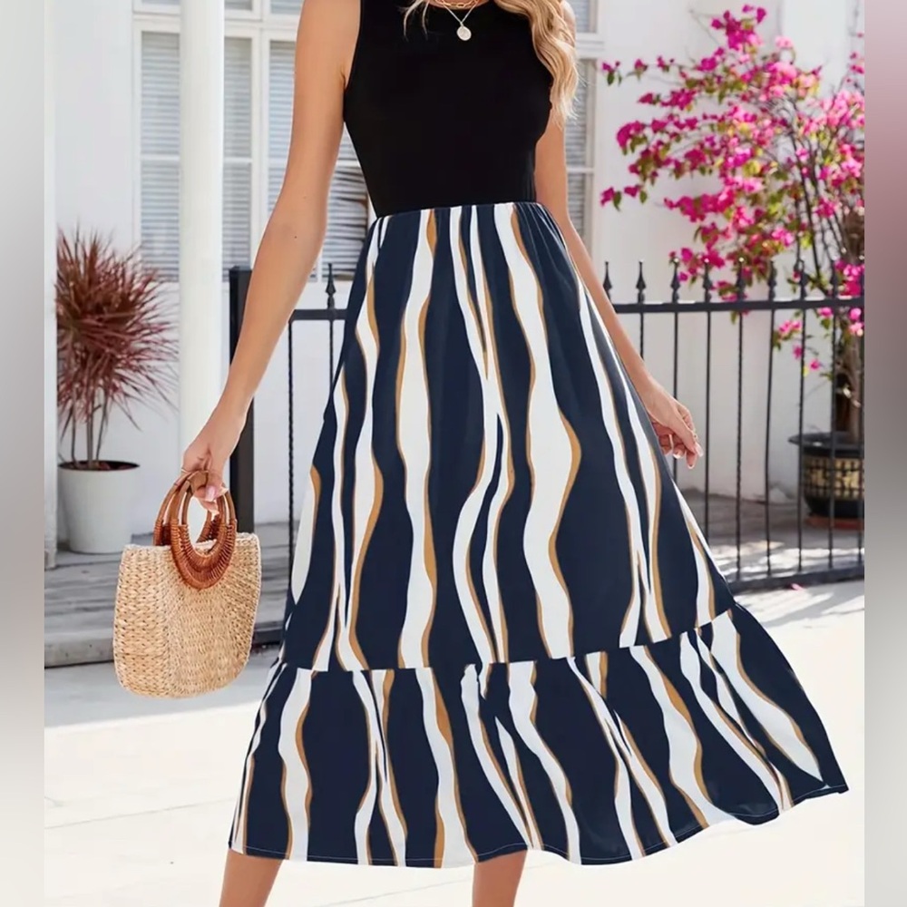 Black Top and Multicolor Striped Maxi skirt